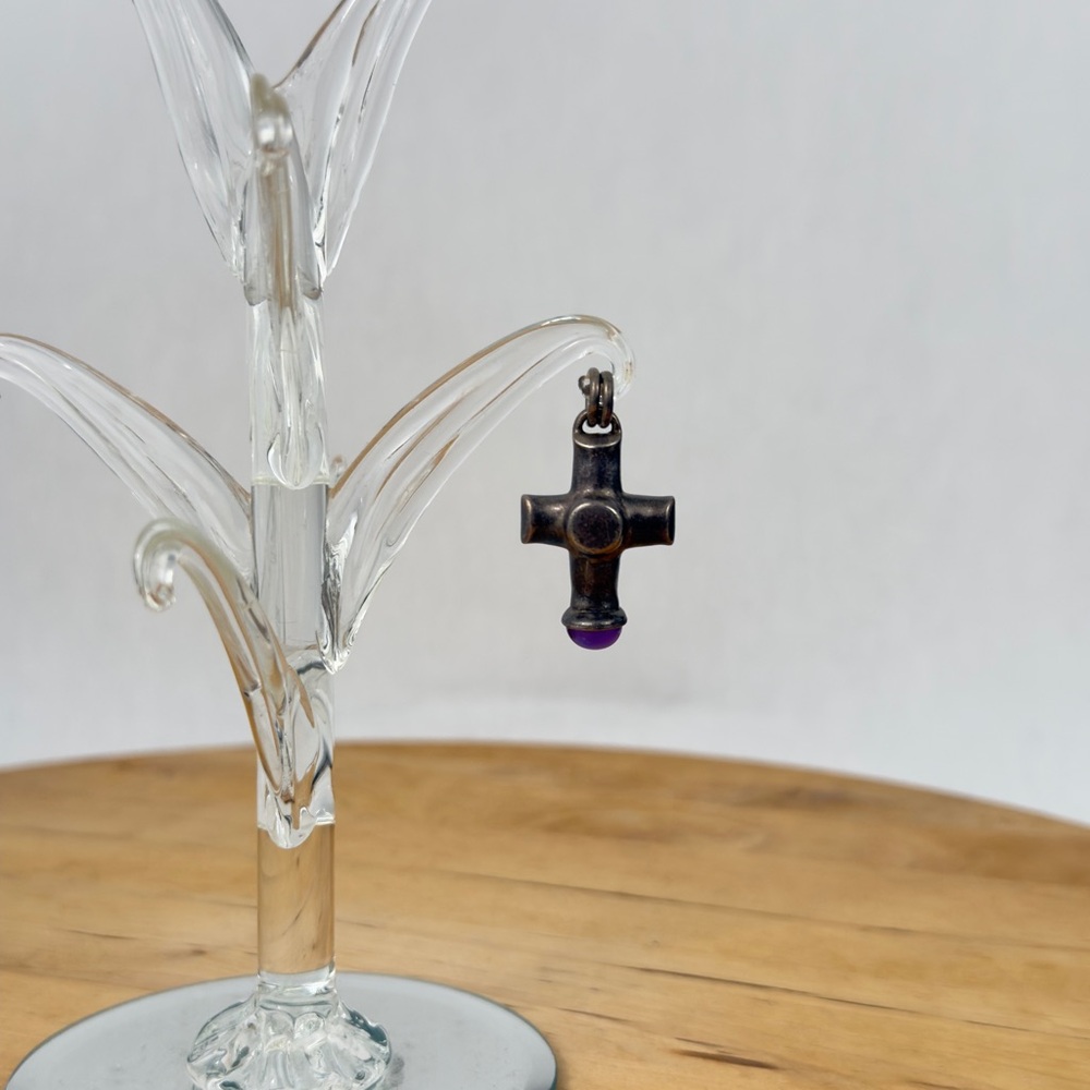 Brutalist Celtic Viking Style Chunky Sterling Silver Amethyst Cross Pendant - Picture 3 of 13